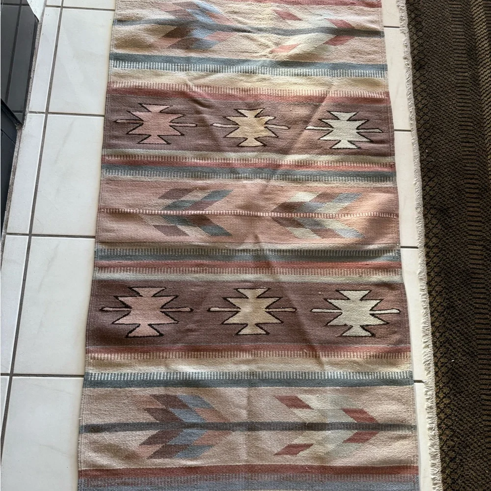 Vintage Southwestern native American handwoven Patterned Rug with Fringe